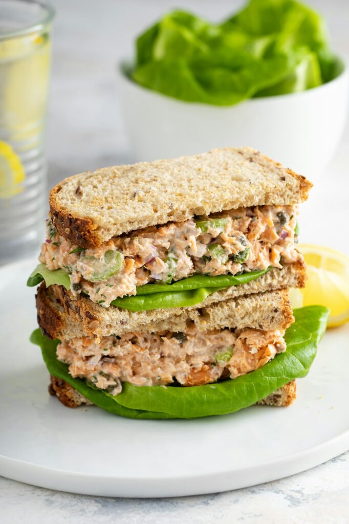 Tuna or salmon salad sandwiches with celery and yogurt